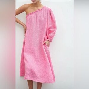LAKE Milly Linen Pink Midi One Shoulder Southern Preppy Feminine Dress- Small